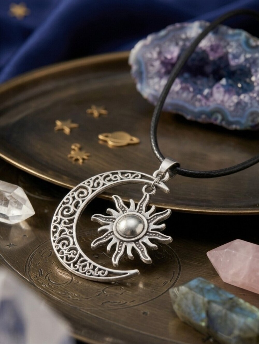 Sun Moon Silver Plated Celestial Whimsigoth Adjustable Cord Necklace 19"